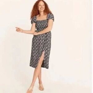 J.Crew Smocked Midi Dress Floral Print Puff Sleeve Slit XS